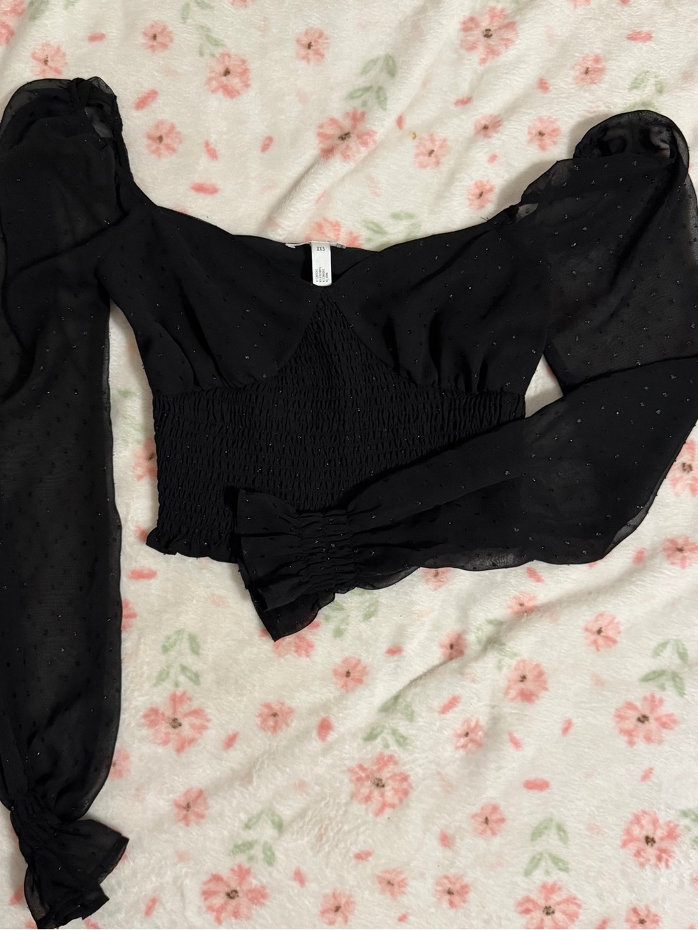Leith Black Sheer Dot Puff-Sleeve Smocked Crop Top